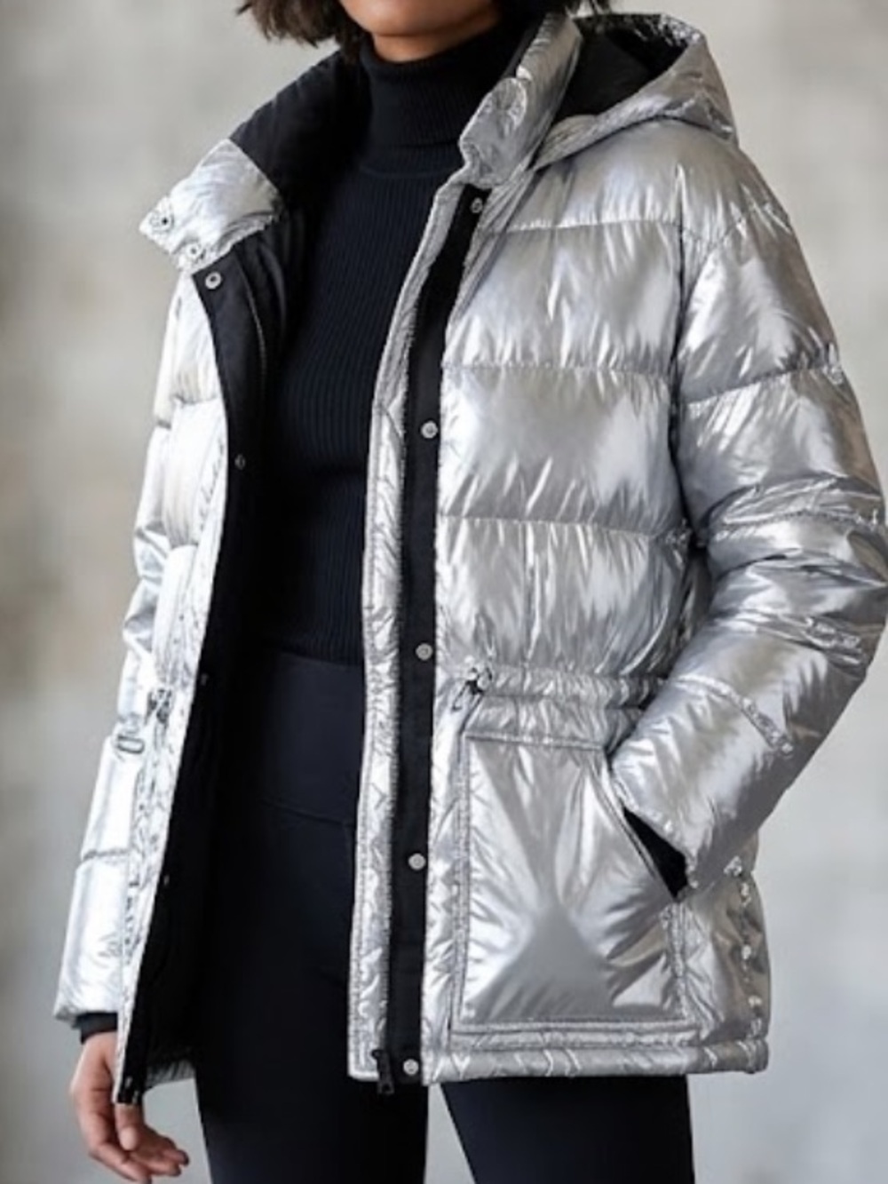 GAP Metallic Silver Hooded Puffer Jacket! New! L
